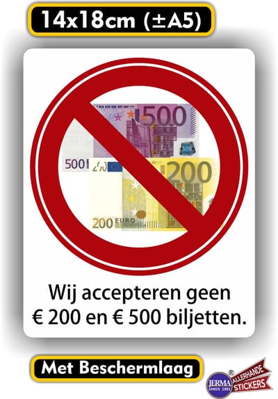 Jerma - Biljetten €200 en €500 - Niet Geaccepteerd - Sticker - 14x18 cm - Weerbestendig - Zelfklevend