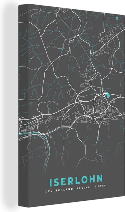 Canvas Schilderij Duitsland – Blauw – Iserlohn – Stadskaart – Kaart – Plattegrond - 20x30 cm - Wanddecoratie
