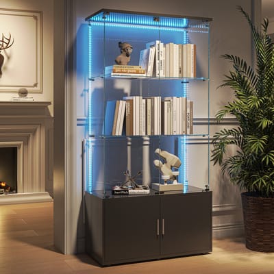 Vitrinekast Met 3 Glazen Lagen, LED-Lichtstrip En Onderste Dichte Opbergkast Met Dubbele Deuren, Moderne Presentatiekast Voor Woonkamer, Zwarte