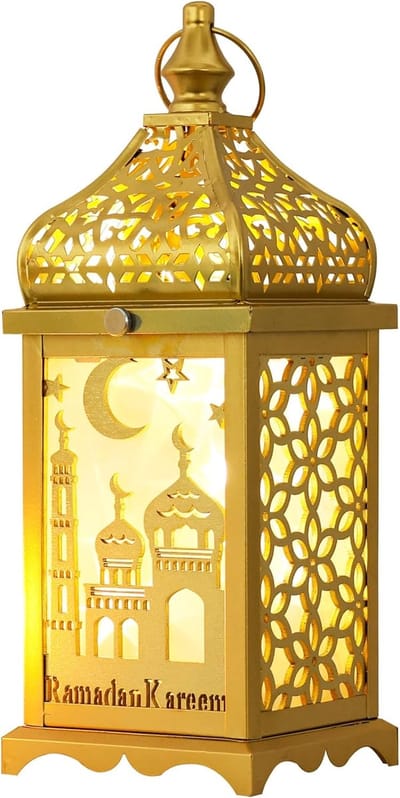 Famanu – Ramadan-decoraties voor thuis - 10 inch decoratieve Ramadan-lantaarn voor tafelblad schoorsteendecoratie - vintage metalen lantaarnkandelaars