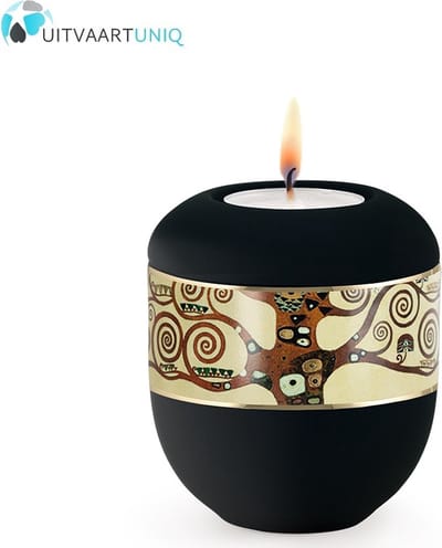 Mini urn modern levensboom zwart - met lichtje