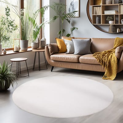 Sky Soft Uni Basic - Rond Vloerkleed - Laagpolig - Effen Kleur - Creme - Woonkamer Tapijt - Anti-Slip Rug- 120 CM Ø