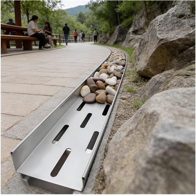 Roestvrijstalen Afvoergoot - Kanaalafvoer Buiten - Terras Droog Houden - Met Kiezelstenen Omzoomd - H6.5xB10CM - Zilverkleurig