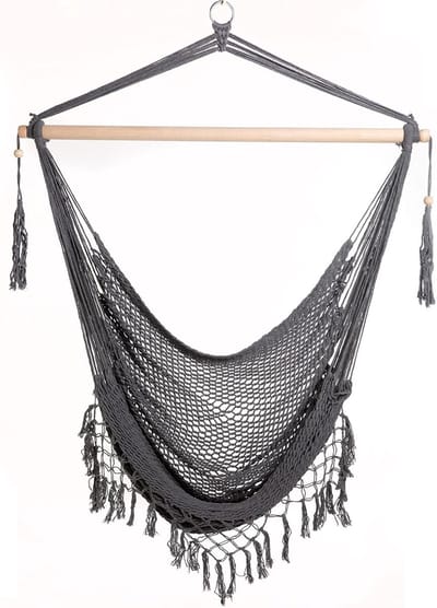 Hangstoel Netlook Grijs met Franjes - Comfortabele Katoen Hangmat voor Binnen en Buiten