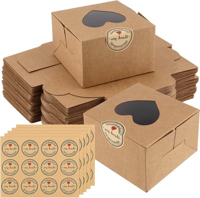50 Stuks 10cm Bruine Cupcake Dozen met Hartvormig Doorzichtig Venster, Ideaal voor Taarten, Gebak en Snoepgoed