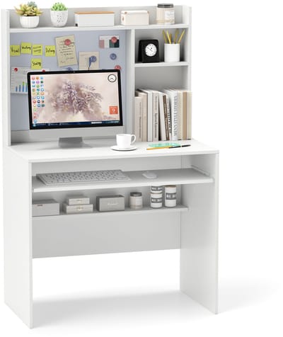 COSTWAY Bureau met magnetisch prikbord, kleine computertafel met opzetstuk, toetsenbordlade en verstelbare plank, pc-tafel, bureautafel voor thuiskantoor, 89 x 50 x 138 cm, wit
