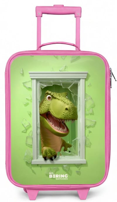 NoBoringSuitcases.com® - Kinderkoffer roze - Kindertrolley meisje - T-rex breekt door groen raam met glas - Koffer kind lichtgewicht - Reiskoffer trolley voor kinderen - Koffertje met lichtgevende wieltjes - Rolkoffer