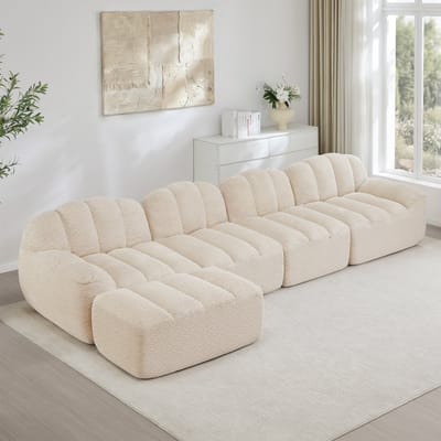 MODENUIT Hoekbank 4-Zits - Modulair Met Ottoman En Diepe Zitting - Voor Woonkamer - Fleece Stof - Beige Wit