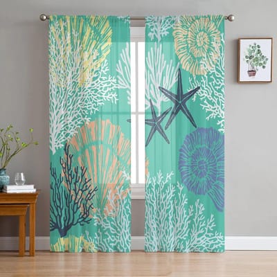 Aqua Groen Marine Koraal Zeester Slaapkamer Transparante Vitrage Vakantiedecoratie Raam Voile Tule Gordijn 135W x 114H(cm) blue