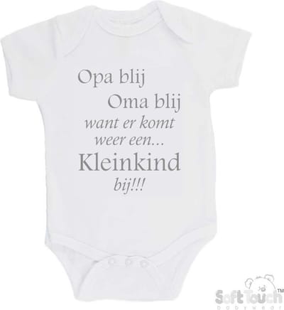 100% katoenen Romper "Opa blij Oma blij want er komt weer een kleinkind bij!!!" Unisex Katoen Wit/grijs Maat 56/62