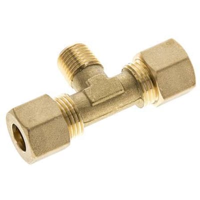 R 1/4'' Buitendraad x 10mm Messing T-stuk Knelfitting 95 Bar DIN EN 1254-2