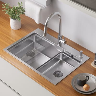 Auralum max Spoelbak voor keuken 68x48CM - Enkele spoelbakken RVS - Met Korf, Zeepdispenser en Afvoerset - Voor 80 cm Kast