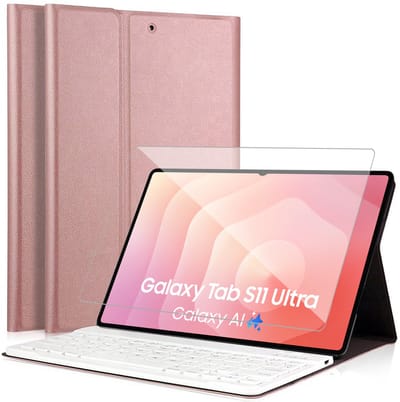 Hoes met toetsenbord geschikt voor Samsung Galaxy Tab S11 Ultra - Screen Protector GlassGuard - Keyboard Book Case Cover Hoesje Rose & Screenprotector