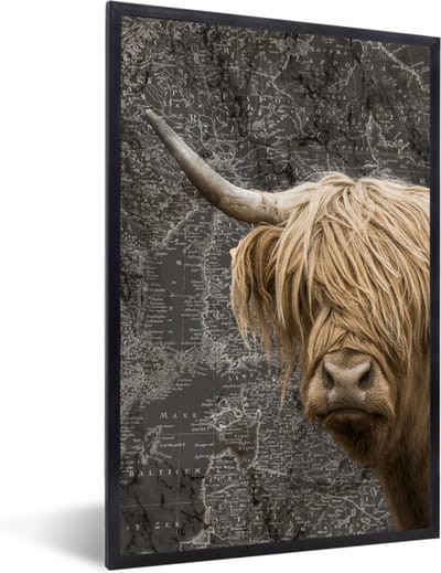 Poster in lijst - Fotolijst 40x60 cm - Posters - Schotse hooglander - Koeien - Wereldkaart - Posterlijst zwart - Decoratie - Wanddecoratie woonkamer - Muurdecoratie slaapkamer