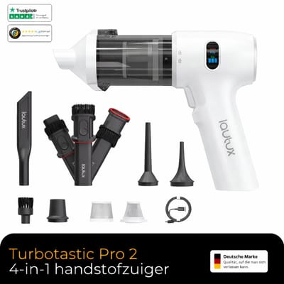 Lautux - Turbotastic Pro 2 - 4 in 1 Wit Handstofzuiger -Auto stofzuiger- 120 W - 18.000 Pa - tot 60 minuten gebruiksduur - HEPA-filter - LED-display - 4 in 1 opzetstukken-Starter Set- (auto, dierenharen, opblazen, leegzuigen/vacuüm) (parelwit)