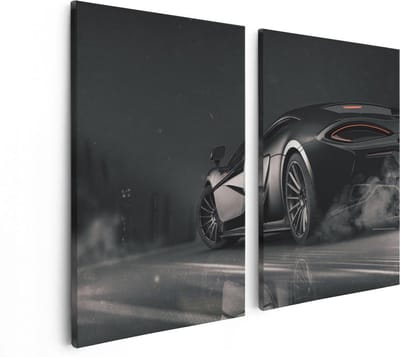 Artaza Canvas Schilderij Tweeluik Zwarte Sportwagen Auto Nabij Een Stad - 80x60 - Foto Op Canvas - Canvas Print