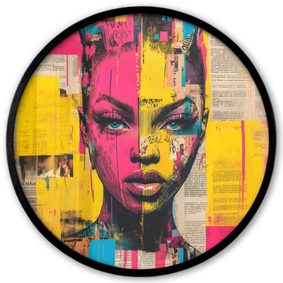 Poster in lijst Rond - Fotolijst 40x40 cm - Posters - Vrouwengezicht - Krantenpapier - Abstract - Roze - Ronde posterlijst zwart - Decoratie - Wanddecoratie woonkamer - Muurdecoratie slaapkamer