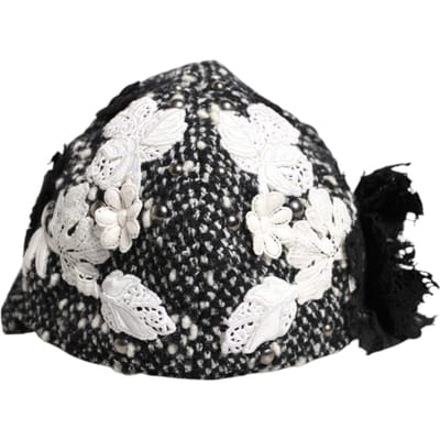 Zwart Wol Witte Bloem Versierde Cloche Hoed