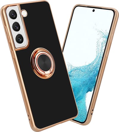Cadorabo Hoesje geschikt voor Samsung Galaxy S21 5G in Glossy Zwart - Goud met ring - Beschermhoes van flexibel TPU-silicone Case Cover met camerabescherming en magnetische autohouder