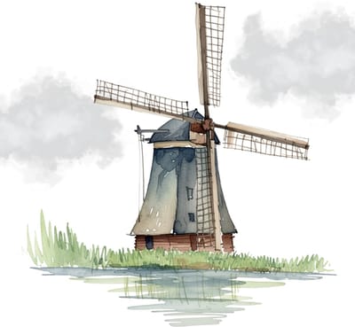Blanco wenskaart molen aan het water – 13x13 cm – gevouwen kaart – inclusief witte envelop – stevig papier – wenskaart
