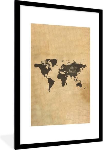 Poster in lijst - Fotolijst 80x120 cm - Posters - Wereldkaart - Vintage - Perkament - Posterlijst zwart - Decoratie - Wanddecoratie woonkamer - Muurdecoratie slaapkamer