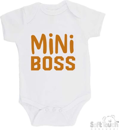 100% Katoenen Romper "Mini Boss" Unisex Katoen Wit/tan Maat 62/68