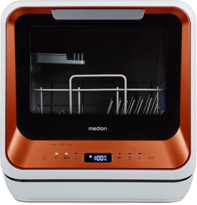 MEDION Mini vaatwasser DWT20 (tafelvaatwasser, 2 couverts, werkt met/zonder wateraansluiting, 6 programma’s, babyflessen, starttijdkeuze, vrijstaand), brons