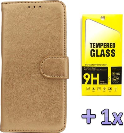 HB Hoesje Geschikt voor Samsung Galaxy A21S - Goud - Luxe Kunstlederen Portemonnee Book Case + Tempered Glazen Screenprotector