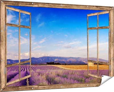 Gards Tuinposter Doorkijk Raam met Lavendel Veld - 180x120 cm - Tuindoek - Tuindecoratie - Wanddecoratie buiten - Tuinschilderij