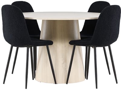Lanzo eethoek tafel Ø120cm en 4 teddy stoelen whitewash.
