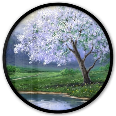 Poster in lijst Rond - Fotolijst 40x40 cm - Posters - Schilderij - Boom - Bloesem - Natuur - Water - Ronde posterlijst zwart - Decoratie - Wanddecoratie woonkamer - Muurdecoratie slaapkamer