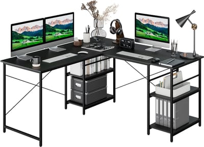 COSTWAY Schrijftafel L-vorm, omkeerbaar hoekbureau met 4 planken, hoektafel met 3 kabelgaten, gaming computertafel, bureautafel voor thuiskantoor, 151 x 151 x 75 cm (zwart)