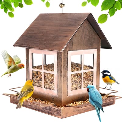 Famanu – Vogelvoederhuis - metalen vogelhuisje - om op te hangen - weerbestendig - 14,5 x 18,5 x 23 cm - vogelvoederstation - voederhuis voor vogels - brons