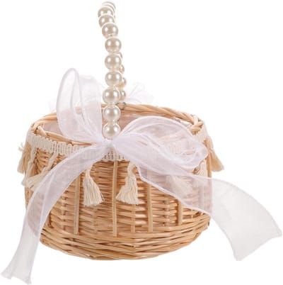 Handgeweven Bloemenmand - Rieten Mand - Bruiloft Decoratie - Met Parelhandvat - 20 x 15.5 cm - Beige