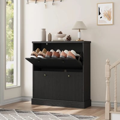 Archi Schoenenkast - Schoenenrek - 2 Draaibare laden – Met verstelbare planken – Ruimtebesparend – Zwart – 80 × 25 × 90 cm