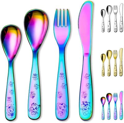roestvrij stalen regenboog rbestek set 4 stuks, titanium regenboog plating vorkmes en lepel, spiegel gepolijste gladde rand
