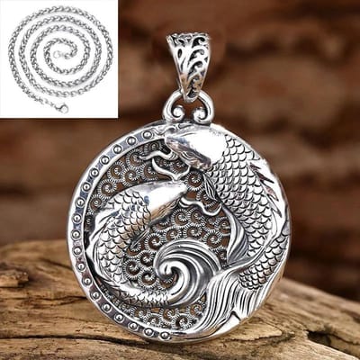 Nationale Stijl Glanzende Dubbele Vis Ketting voor Mannen en Vrouwen Nieuw in Holle Ronde Hanger Creatieve Vintage Sieraden 45cm gray
