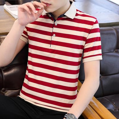 Été Nouveau T-shirt à Manches Courtes pour Homme Rayé Pur Coton Fin Business Revers Polo pour Homme Style Homme 2XL rouge