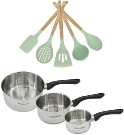 Set van 3 roestvrijstalen steelpannen 12/16/20 cm Fackelmann Geneva met 5 keukengerei