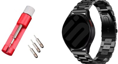 Strap-it Stalen schakel band + Toolkit - geschikt voor Samsung Galaxy Watch 7 (40 & 44mm) / Galaxy Watch 6 (Classic) / Watch 5/5 Pro / Watch 4 / 4 Classic / Watch FE - Metalen RVS band voor Galaxy Watch 4-5-6 alle varianten - zwart