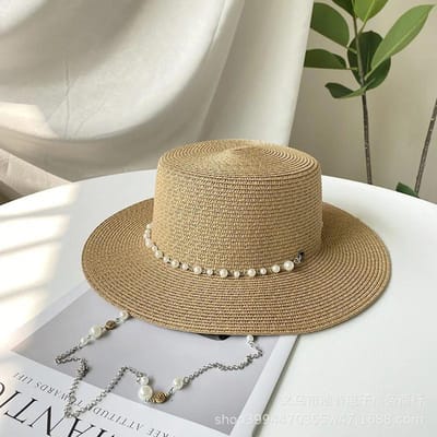 Franse Vintage Parelketting Strooien Boater Hoed Dames Zomer Brede Rand UV-bescherming Elegante Zonneklep Verstelbaar M 56-58cm beige