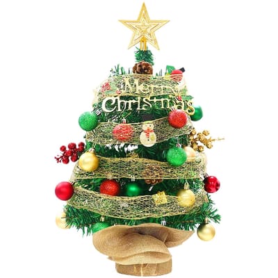 2FT LED Tafelmodel Kerstboom met Batterij Aangedreven LED Lichtsnoer Top Ster Rode Groene Ballen 60cm Without Light beige