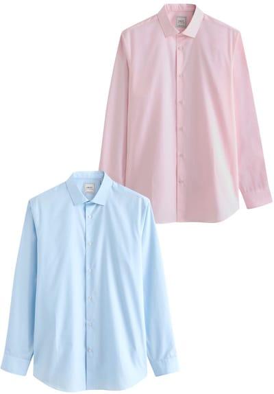 Next - Heren - Normale Pasvorm - Onderhoudsvriendelijke nette overhemden met lange mouwen met enkele manchetten, verpakking van 2 - Blauw
