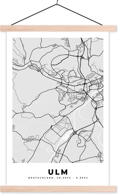 Posterhanger incl. Poster 40x60 cm - Schoolplaat - Duitsland - Plattegrond - Kaart - Ulm - Stadskaart - Textielposter - Blanke latten - Stadskaart