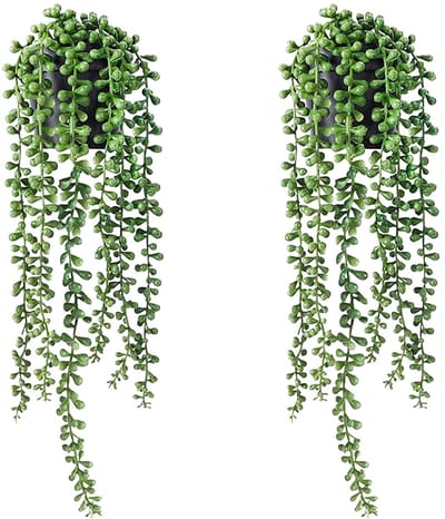 Hangplant, set van 2 kunstplanten voor binnen, nepplanten met potten, nep ingemaakte parelsnoer, vetplanten, nepklimop, nepplant voor thuis, binnen, buiten, muur, kantoor, tafelplank