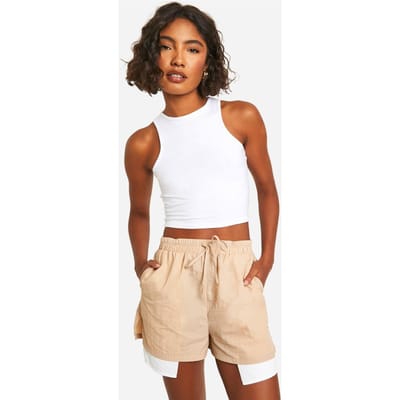 boohoo Dames Hoge geweven shorts met pocketdetails | Steen | Maat: 36