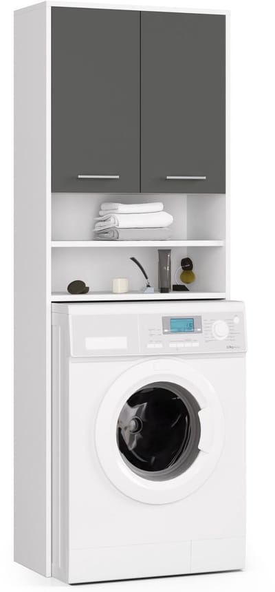 Badkamerkast voor Wasmachine FIN / Hoge Wasmachinekast met 2 Deuren / AKORD Furniture Factory / Wit - Grafietgrijs / 64 x 180 x 30 cm
