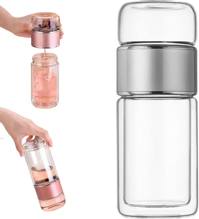 carmdering - Theefles - Dubbelwandige Theefles - Theeglas met Filter - 280 ml, zilver, borosilicaatglas - 304 roestvrij staal filter, voor losse thee en zakjes - Dubbelwandig, buitenkant koel - Perfect voor thuis, kantoor en reis