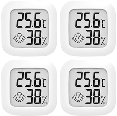 Kamerthermometer - Minithermometer - Hygrometer - Hoge nauwkeurigheid temperatuur- en hygrometer - Monitor met Comfort Air-pictogram - Voor keuken, babykamer, kas, magazijn, kantoor - Pack van 4