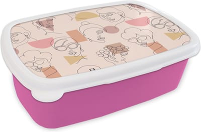 Broodtrommel Roze - Lunchbox - Brooddoos - Line Art - Gezicht - Vrouwen - Patronen - 18x12x6 cm - Kinderen - Meisje